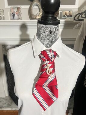 Red Striped Necktie Necklace with Musical Note Pin
